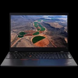 Lenovo ThinkPad L15 Gen 1 15,6 pouces noir fin, écran large affichant paysage aérien, clavier QWERTY avec TrackPoint rouge, châssis robuste rénové bon