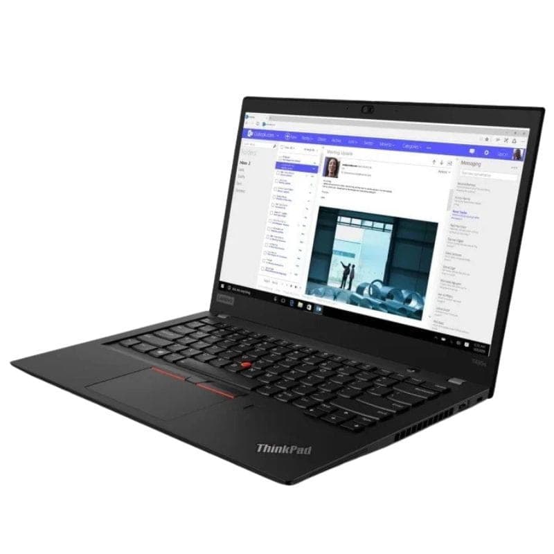 Portátil Lenovo ThinkPad T495s 14 pulgadas negro, chasis delgado, teclado QWERTZ con trackpoint, pantalla mate abierta mostrando interfaz de correo y