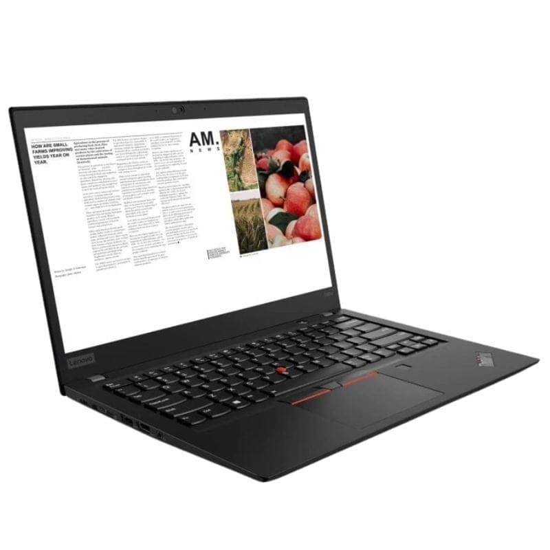 Portátil Lenovo ThinkPad T495s 14 pulgadas negro, teclado QWERTZ con trackpoint rojo, chasis delgado, pantalla mate abierta mostrando contenido textual y fotos