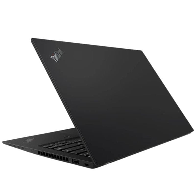 Portátil Lenovo ThinkPad T495s 14 pulgadas negro, chasis delgado y robusto, bisagra abierta, teclado QWERTZ visible, puertos laterales y logo ThinkPad