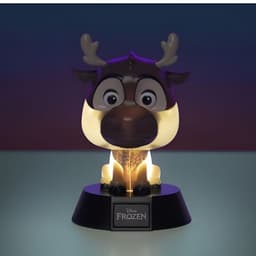 Lâmpada Paladone Icon Sven Frozen: mini renna iluminada com chifres, olhos grandes e base preta com logo Frozen; luz suave ideal para decoração e fãs.