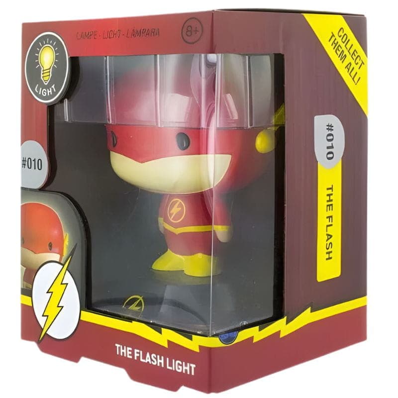 Lâmpada Paladone Icon The Flash 3D: mini luminária colecionável do herói, figura vermelha com símbolo de raio amarelo, em caixa expositora.