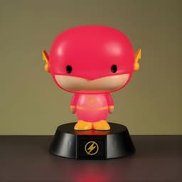 Lâmpada Paladone Icon The Flash 3D: mini Flash estilizado em 3D, corpo vermelho com raio amarelo, base preta iluminada com símbolo do raio.