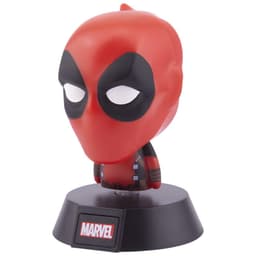Lâmpada Paladone Icon Deadpool: busto estilizado com máscara vermelha e olhos pretos, luz LED quente, base preta com logotipo, ideal para decoração geek.