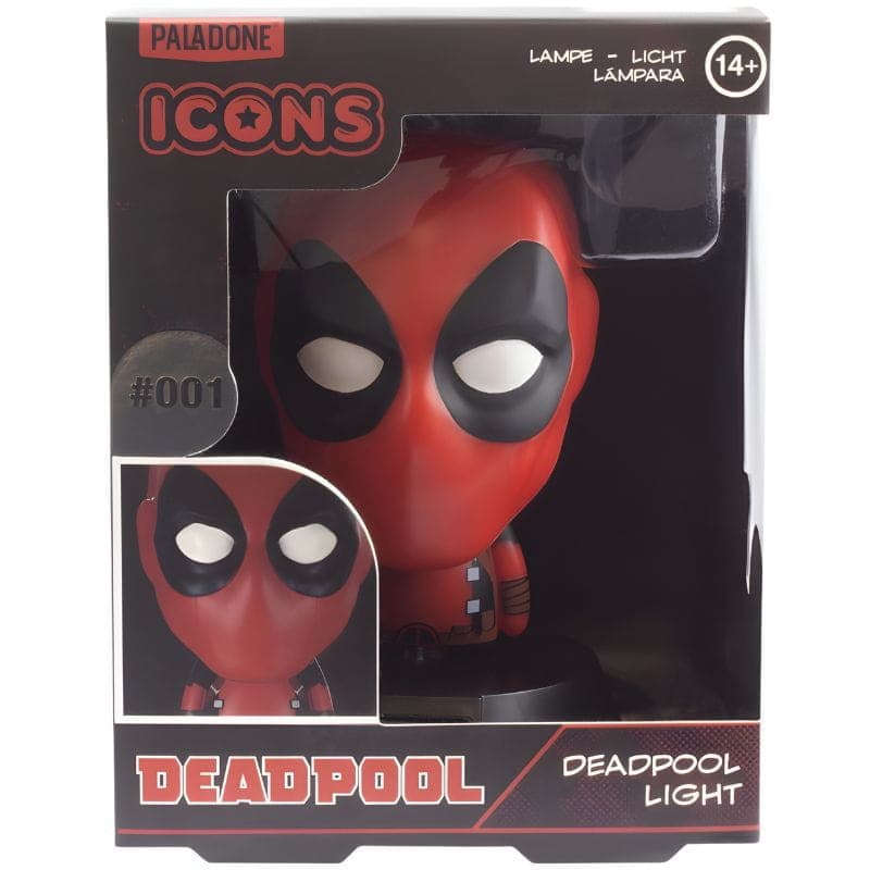 Lâmpada Paladone Icon Deadpool: busto estilizado do Deadpool em vermelho e preto, olhos brancos iluminados, base preta com logo Marvel, luz decorativa.
