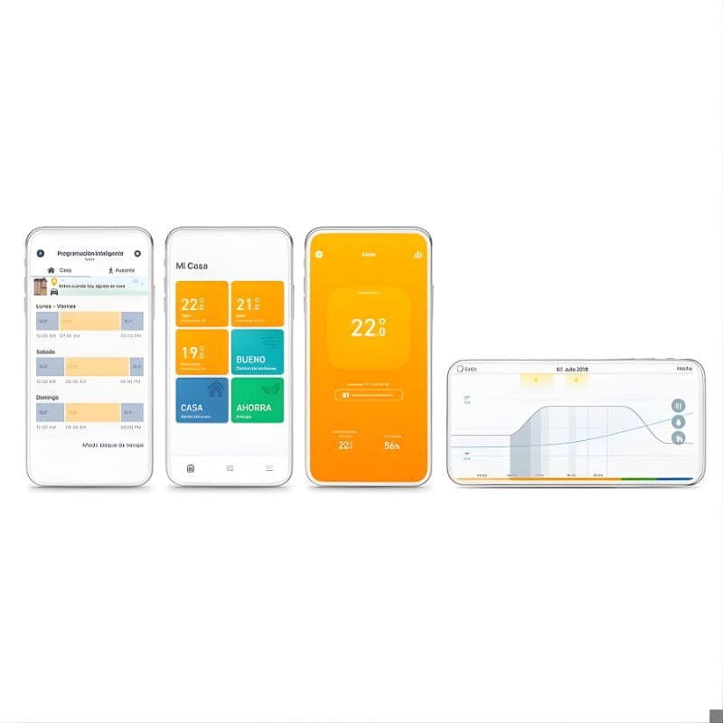 Tado Pack x4 Tête thermostatique intelligente: appli mobile avec écrans de température, modes Maison/Absent, planning hebdo et graphiques d’énergie.