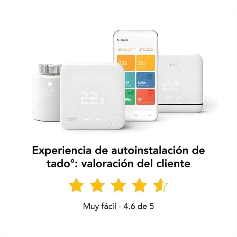 Tado Pack x4 Tête thermostatique intelligente: têtes blanches avec affichage LED, deux boîtiers carrés, appli mobile colorée, design minimal et moderne.