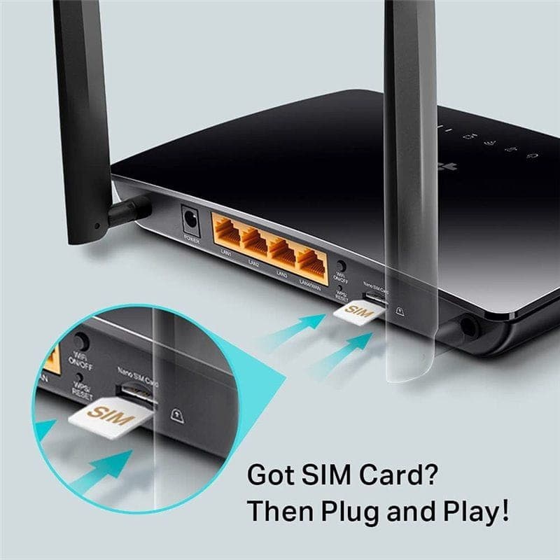 Caixa do TP-Link Archer MR400: router Wi‑Fi Dual Band AC1200 4G LTE preto, design compacto com duas antenas externas e indicadores LED frontais.
