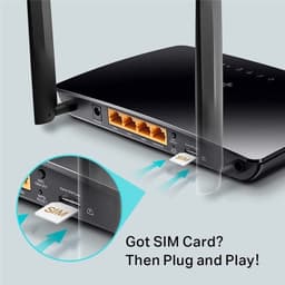 Caixa do TP-Link Archer MR400: router Wi‑Fi Dual Band AC1200 4G LTE preto, design compacto com duas antenas externas e indicadores LED frontais.