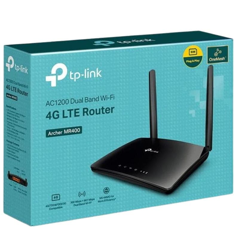 TP-Link Archer MR400 preto com 2 antenas, porta SIM 4G LTE, quatro portas LAN amarelas e design compacto; banda dupla Wi‑Fi.