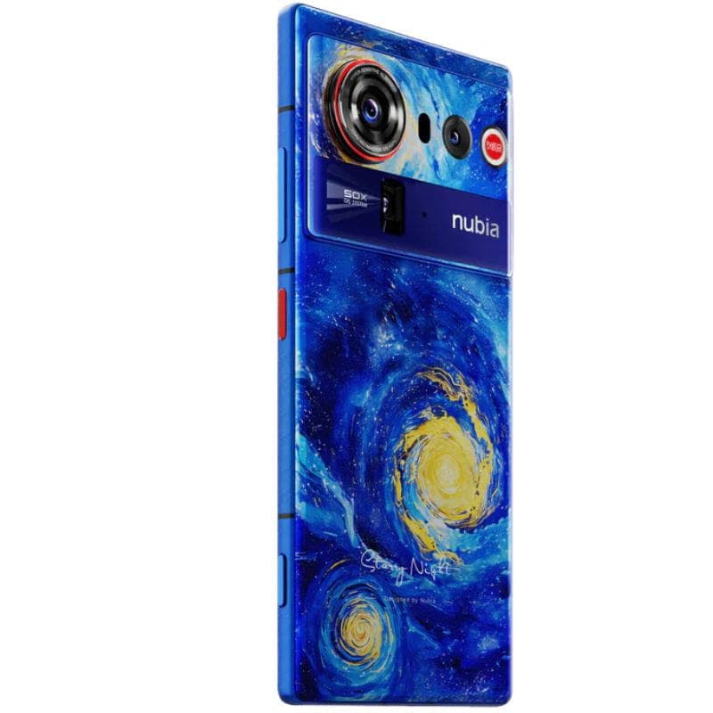 Nubia Z80 Ultra 5G Nuit étoilée, profil bleu métallique ultra-fin, tranches droites, bouton latéral rouge, module photo pro proéminent à l’arrière.