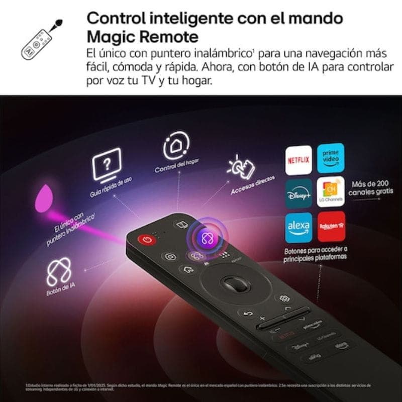 LG AI 65QNED92A6A 65 4K QNED evo MiniLED com webOS 2025, perfis personalizados, apps em destaque e controle remoto com microfone e botões dedicados