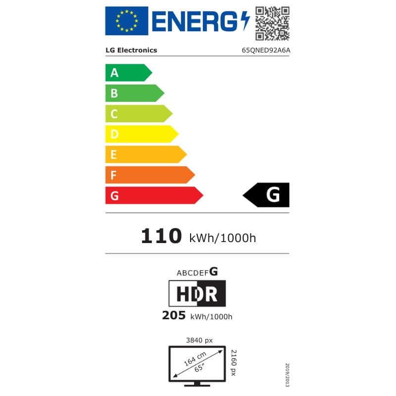 Etiqueta de eficiência energética UE classe G para LG AI 65QNED92A6A: 110 kWh/1000h, HDR 205 kWh/1000h, resolução 3840x2160, dimensão 164 cm 2160p