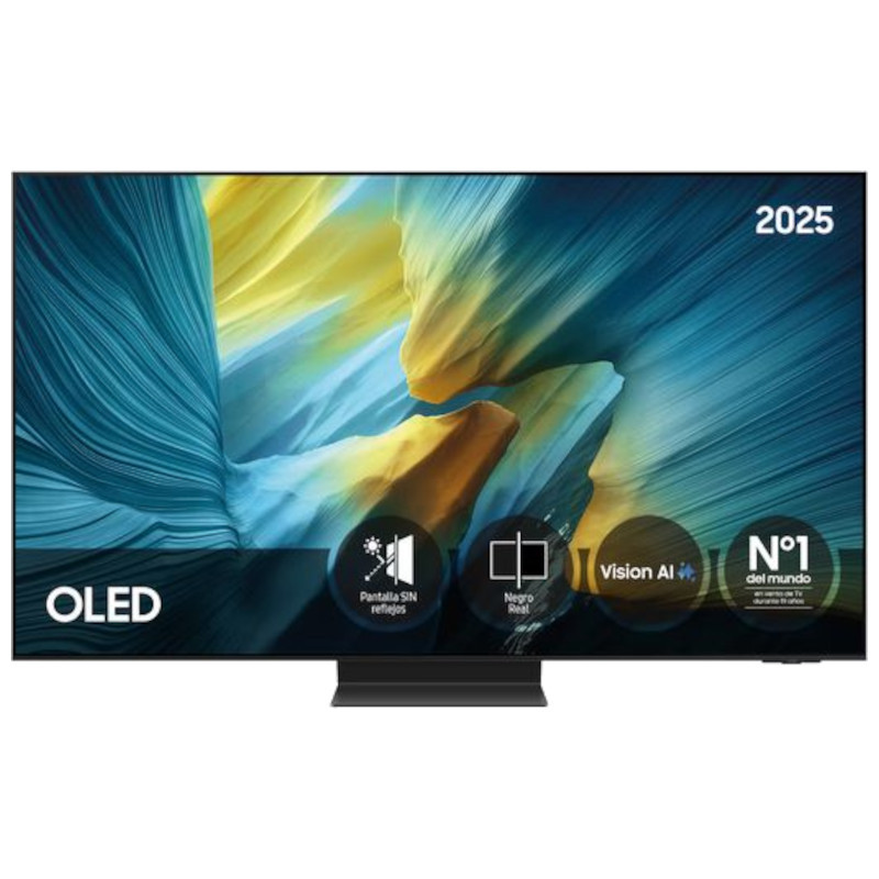 Samsung S95F TQ55S95FAT 55 4K OLED: tela fina sem reflexos, pretos profundos, cores vivas, base central discreta, ícones de recursos na parte inferior - Item