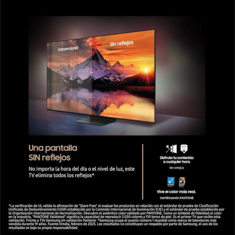 Samsung S95F TQ55S95FAT 55 4K OLED: tela fina sem reflexos, pretos profundos, cores vivas, base central discreta, ícones de recursos na parte inferior - Item3