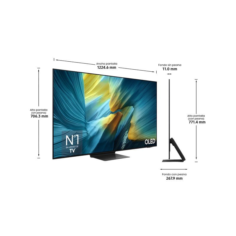Samsung S95F TQ55S95FAT 55 4K OLED: tela fina sem reflexos, pretos profundos, cores vivas, base central discreta, ícones de recursos na parte inferior - Item6