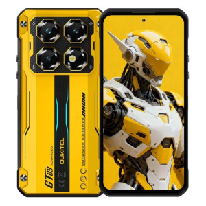 Oukitel WP60 5G 8GB/256GB Amarelo Rugged: traseira robusta amarela, quatro câmeras em módulo quadrado, detalhes pretos/azuis; tela com bordas finas e furo
