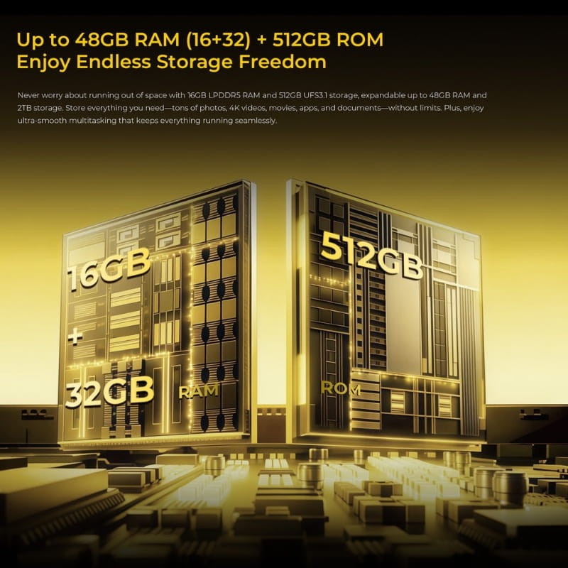 Oukitel WP60 5G amarillo, cuerpo rugerizado con bordes reforzados, módulo trasero con 4 cámaras y acentos en negro/azul; pantalla con biseles finos. - Ítem5