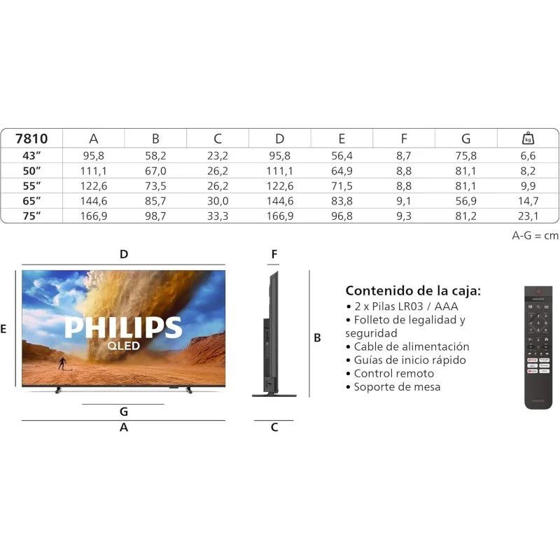 Philips 43PUS7810/12 TV 43 pouces 4K QLED, bords fins, pieds discrets, écran HDR10+ avec logo Dolby Atmos et interface Titan OS affichés à gauche - Ítem10