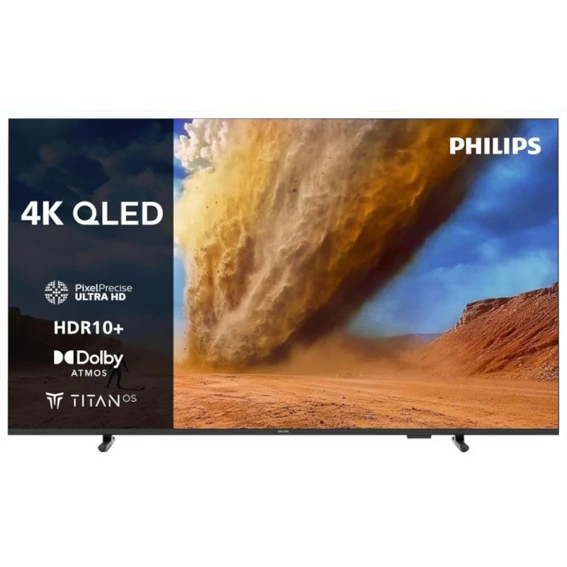 Philips 43PUS7810/12 TV 43 pouces 4K QLED, bords fins, pieds discrets, écran HDR10+ avec logo Dolby Atmos et interface Titan OS affichés à gauche - Ítem
