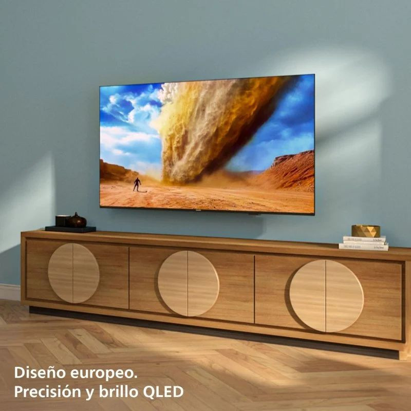 Philips 43PUS7810/12 TV 43 pouces 4K QLED, bords fins, pieds discrets, écran HDR10+ avec logo Dolby Atmos et interface Titan OS affichés à gauche - Ítem1