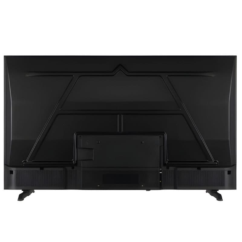 Parte trasera del DAEWOO 55DM56QV 55" UHD Smart TV: panel negro, soporte doble, puertos y ventilación inferior, diseño con refuerzos en forma de V.