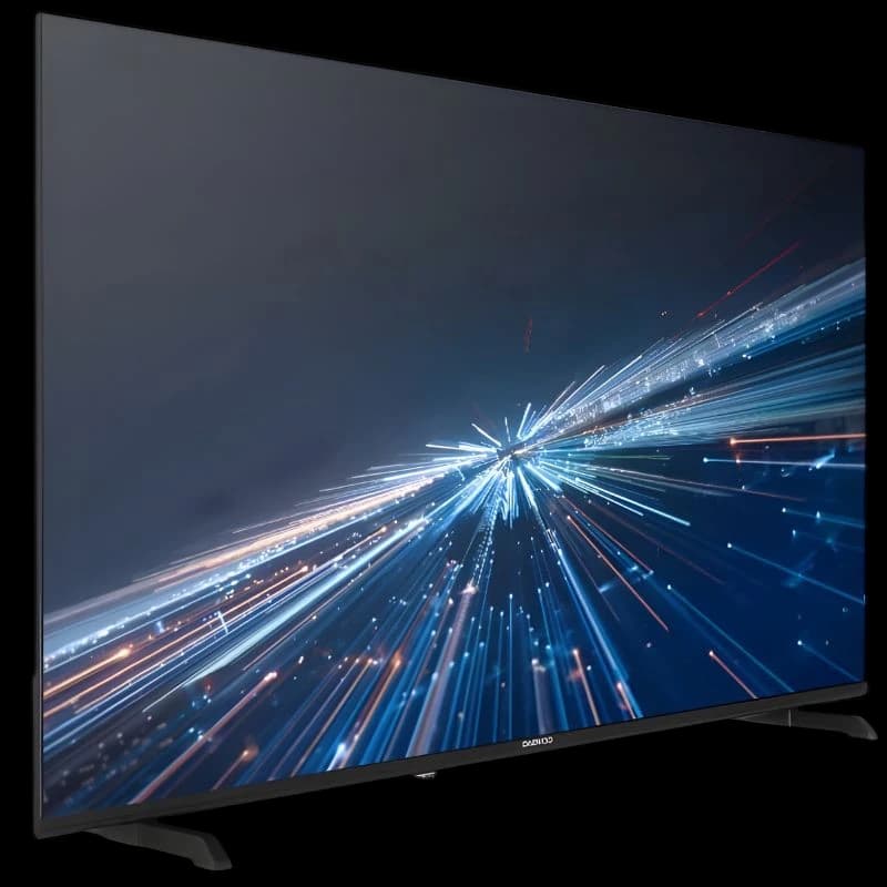 DAEWOO 55DM56QV 55" UHD Smart TV con biseles delgados, pantalla plana de alto contraste y base doble; imagen nítida con efecto de luz en movimiento.