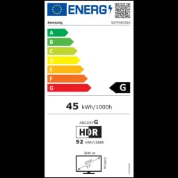 Étiquette énergie UE pour écran PC Samsung Odyssey OLED G8 27 pouces 4K 240 Hz argent, classe G, HDR, 45 kWh/1000h, 3840x2160, 61.7 cm de largeur