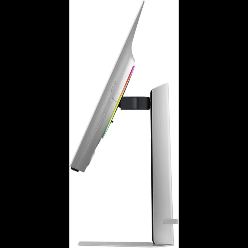 Profil latéral élégant en argent du Samsung Odyssey G8 27 pouces, écran fin OLED 4K, halo RGB arrière, pied robuste et ajustable, style minimaliste