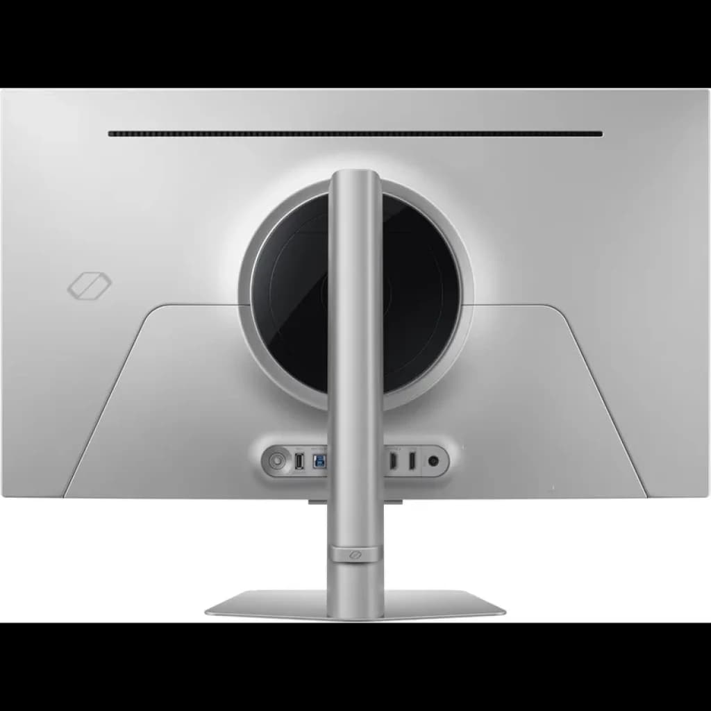 Dos du moniteur argent avec éclairage circulaire, pied central robuste, connectique alignée USB et HDMI, design épuré du Samsung Odyssey G8 27 pouces