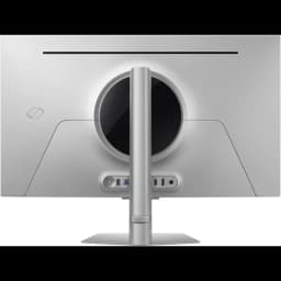 Dos du moniteur argent avec éclairage circulaire, pied central robuste, connectique alignée USB et HDMI, design épuré du Samsung Odyssey G8 27 pouces