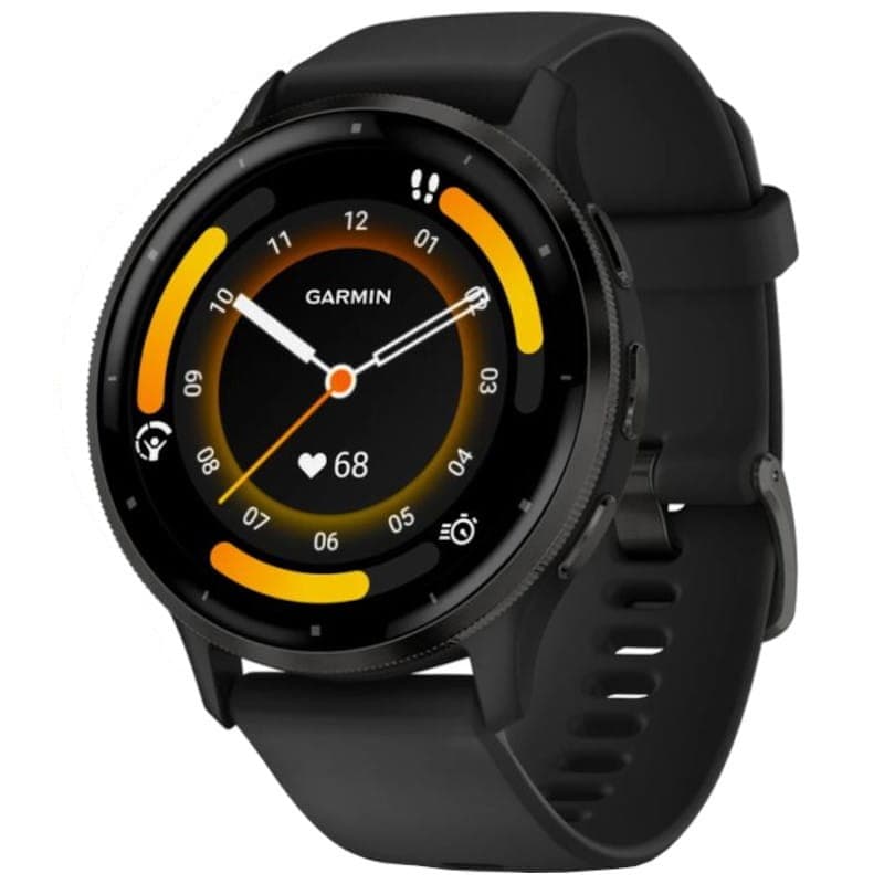 Garmin Venu 3 noir rénovée, excellent état : boîtier rond noir, écran AMOLED couleur affichant fréquence cardiaque, Body Battery et suivi du sommeil.