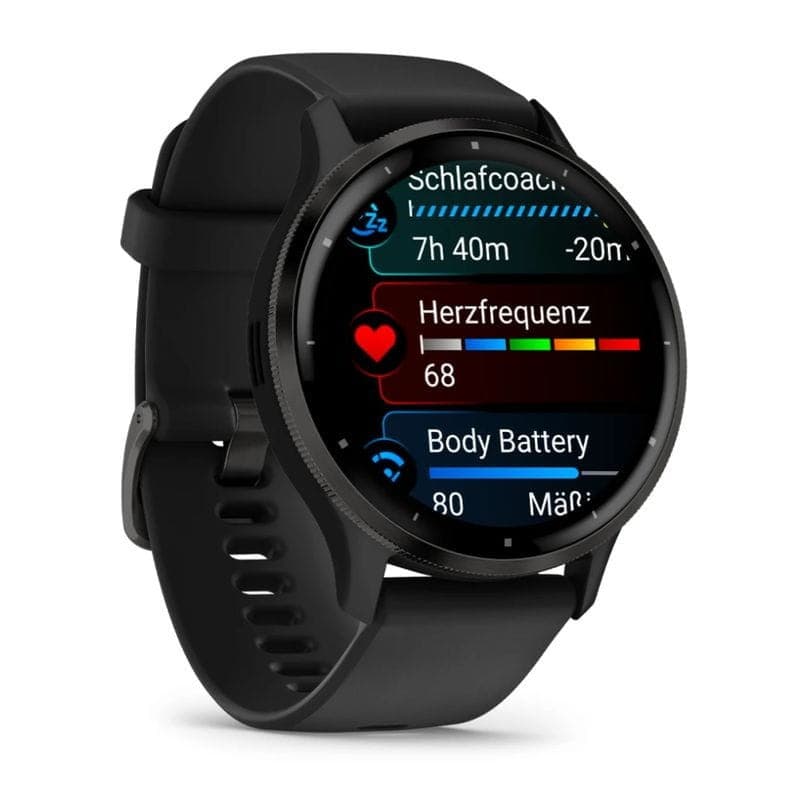 Garmin Venu 3 Noir rénovée, Excellent État : boîtier noir, bracelet silicone, capteur cardio optique vert, chargeurs à broches, boucle métal robuste.
