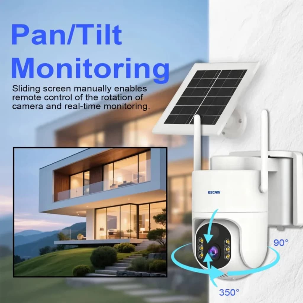 Cámara PTZ exterior ESCAM QFS71 4G con panel solar, antenas duales, lente 3 MP, visión nocturna en color, detección PIR y audio bidireccional; giro 350° e