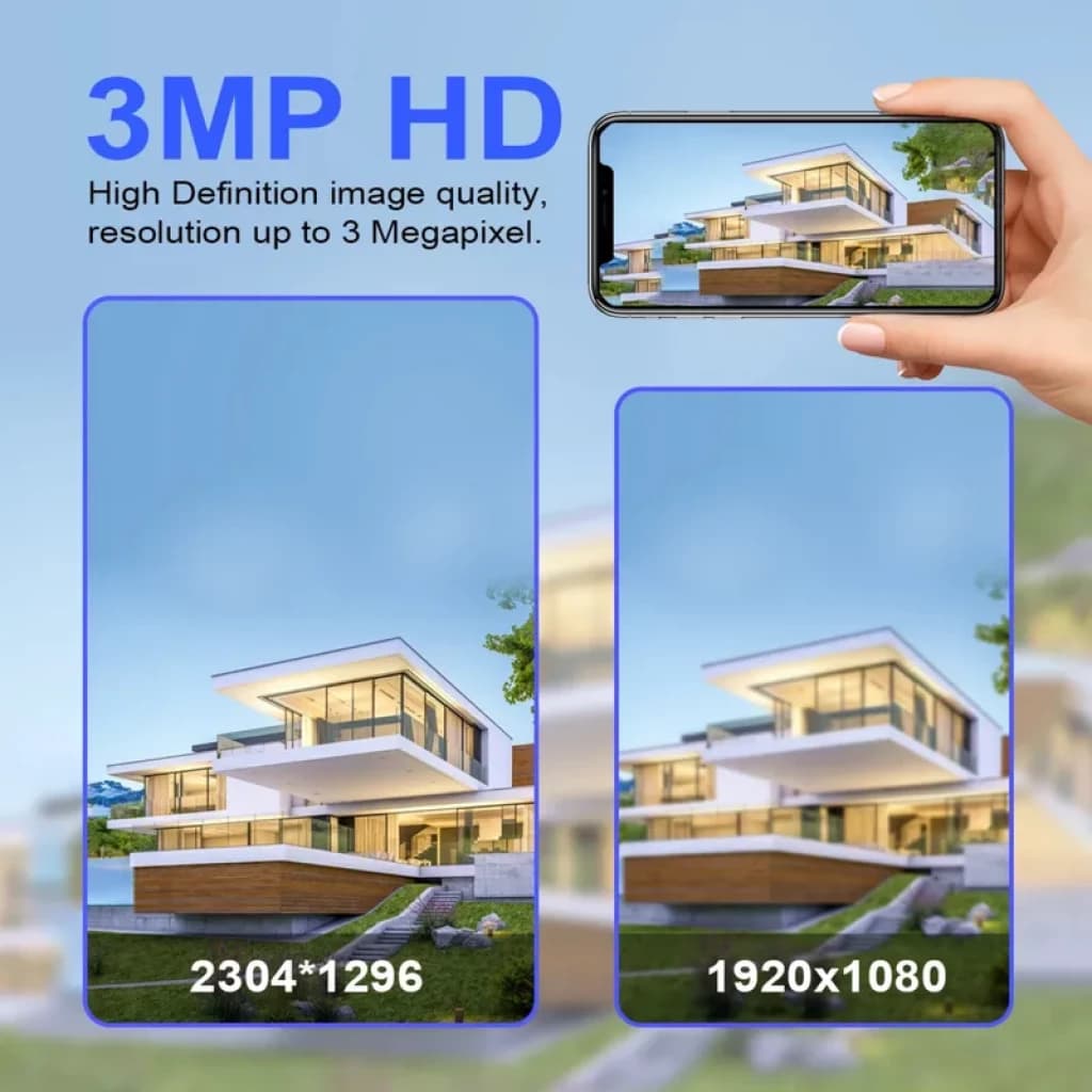 Comparativa de resolución 3MP HD 2304x1296 vs 1080p, muestra imagen más nítida en smartphone. Ideal para cámara ESCAM QFS71 con detalle superior