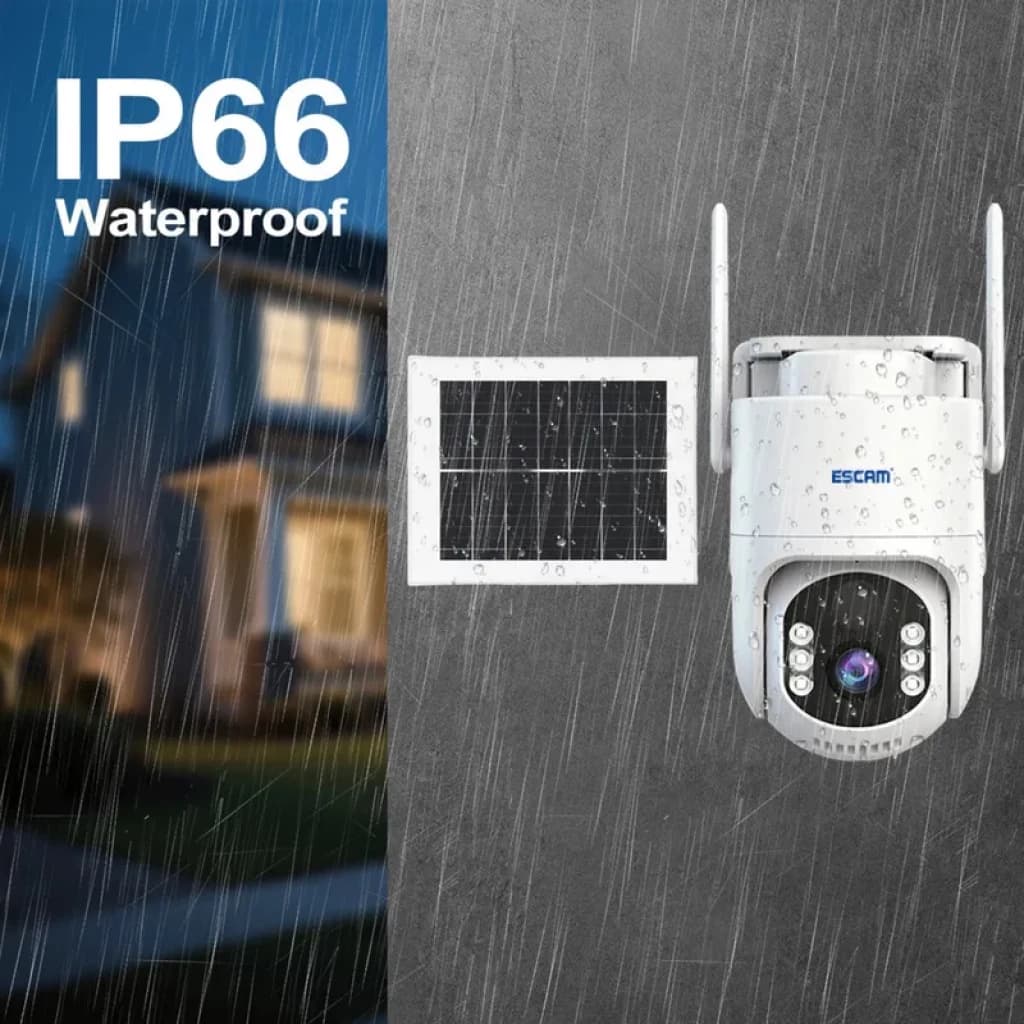 Cámara ESCAM QFS71 4G LTE con panel solar y PTZ, 3 MP, visión nocturna en color, audio bidireccional, doble antena y certificación IP66 resistente a lluvia