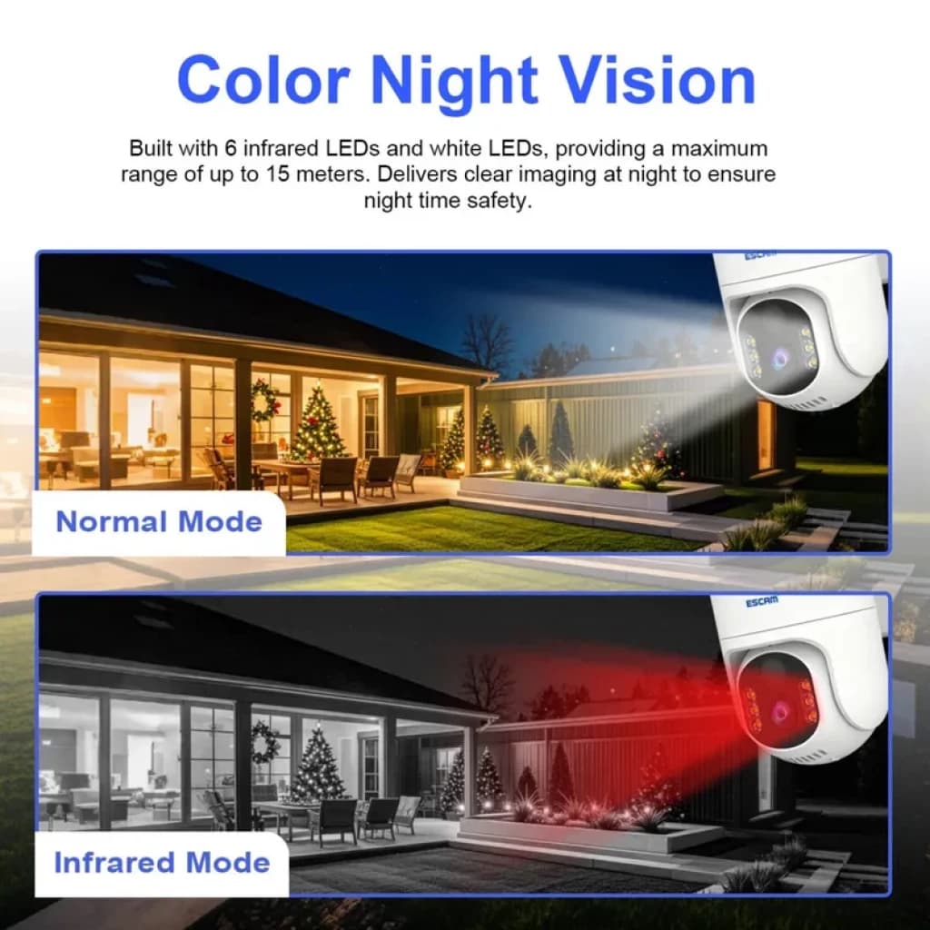Cámara ESCAM QFS71 4G LTE con visión nocturna en color 3 MP, PTZ, alarma PIR y audio bidireccional; panel solar y LED blancos e infrarrojos hasta 15 m