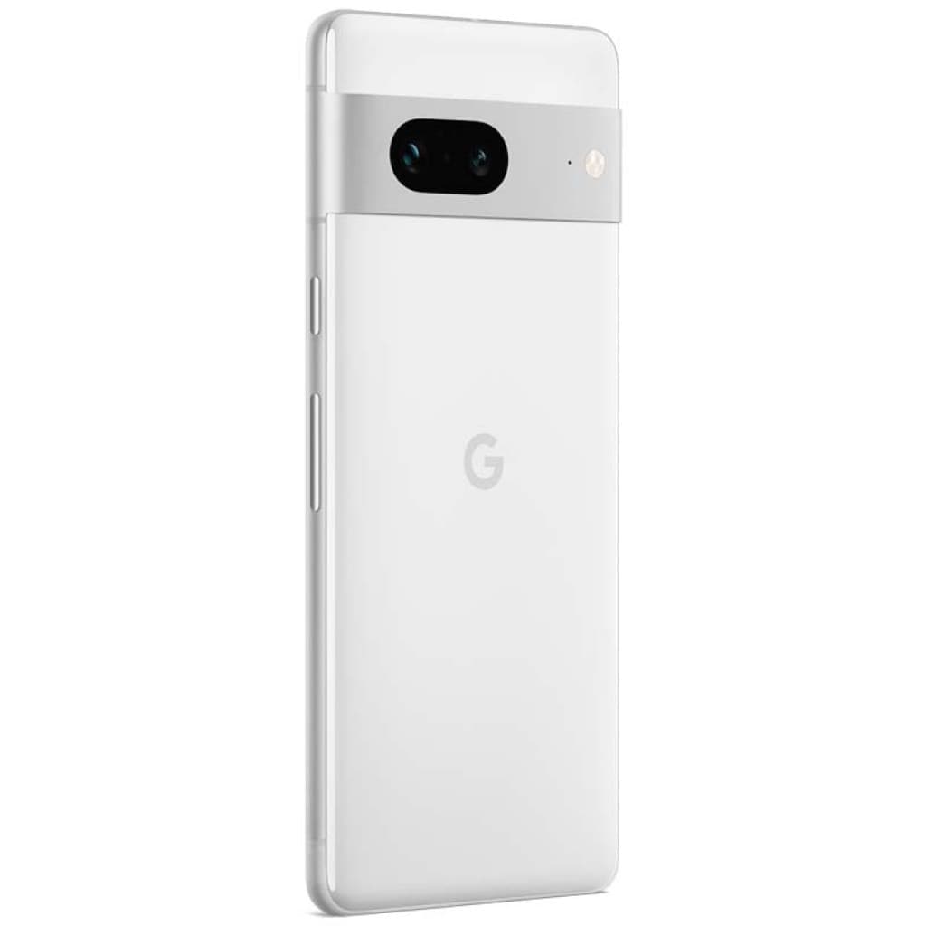Google Pixel 7 5G blanco con barra de cámara horizontal negra, doble lente y flash; chasis metálico claro, trasera mate con logo G; botones laterales