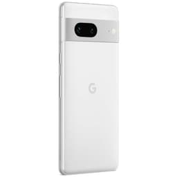 Google Pixel 7 5G blanco con barra de cámara horizontal negra, doble lente y flash; chasis metálico claro, trasera mate con logo G; botones laterales