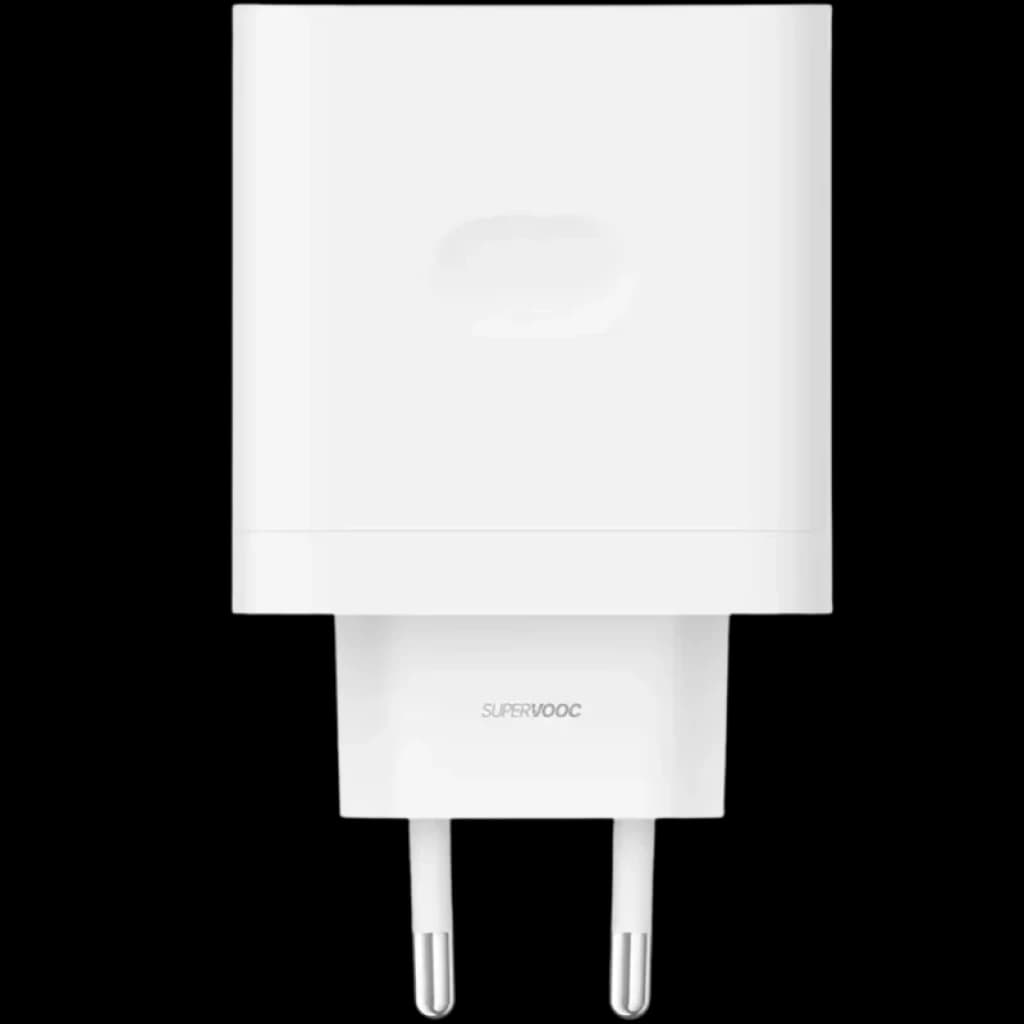 Cargador de pared Realme 80W USB A SuperVooc en color blanco, diseño compacto con enchufe europeo de dos pines y logo SuperVooc en la base