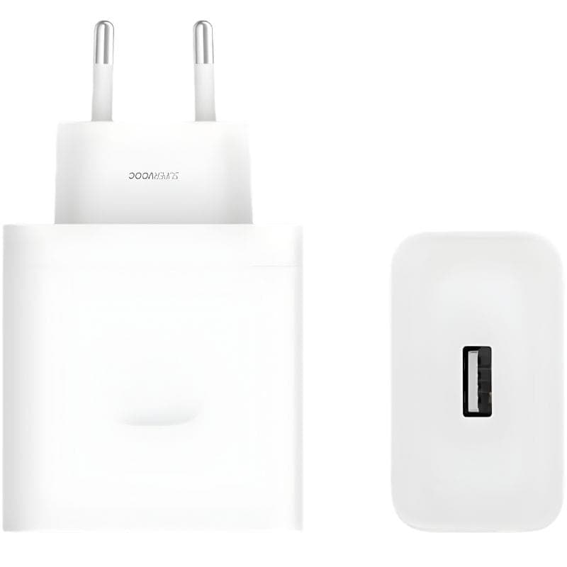 Carregador de parede branco Realme 120W SuperVooc, compacto, com plugue europeu e 1 porta USB-A frontal; design minimalista e acabamento fosco.