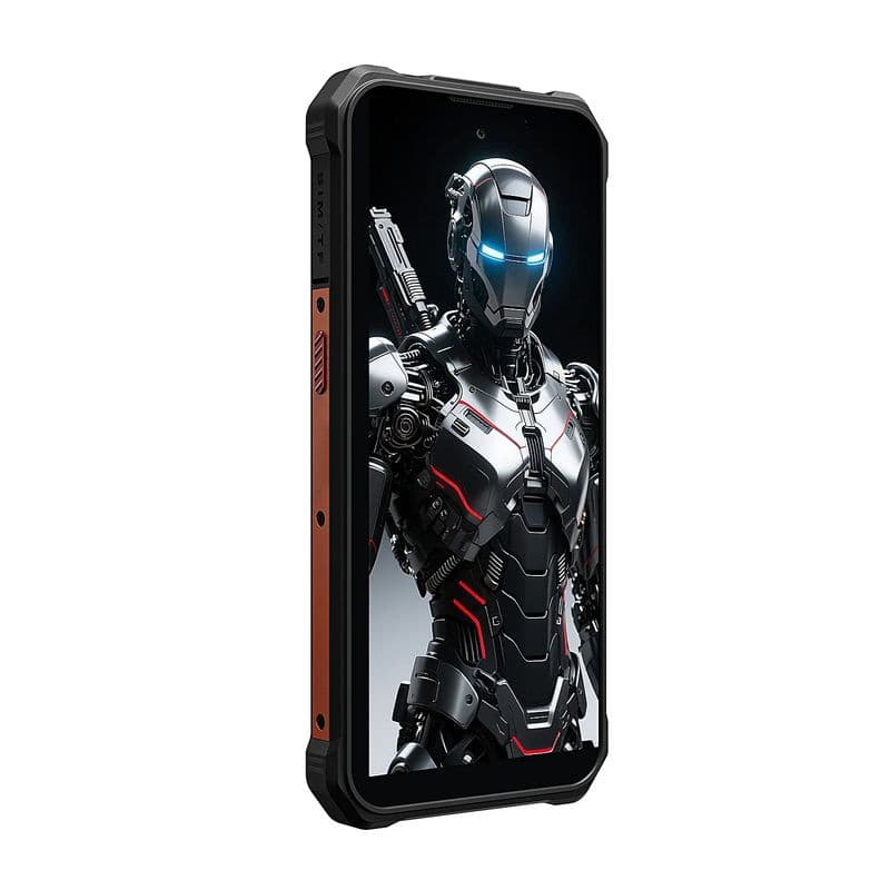 Fossibot F110 Pro 5G, coque robuste noire avec accents orange, écran plein bord affichant un robot futuriste; tranches renforcées et vis apparentes.