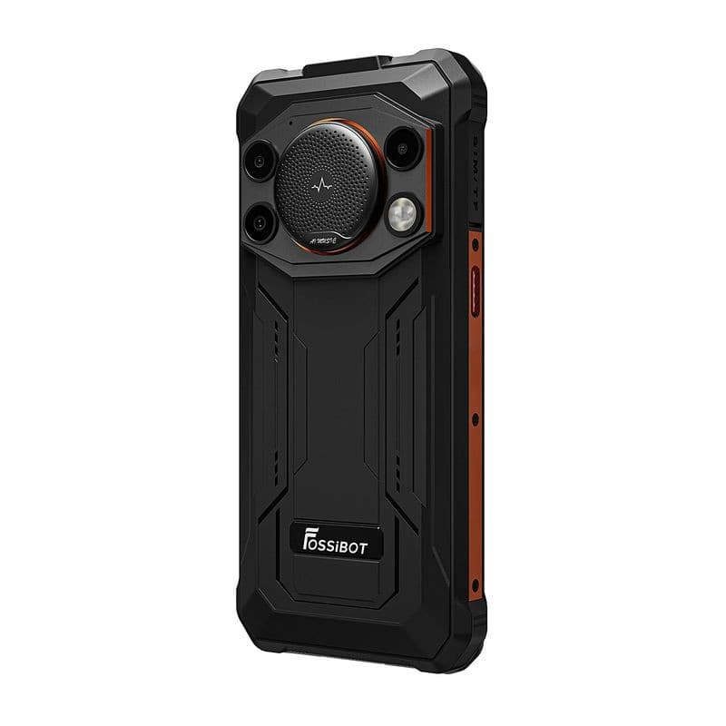 Fossibot F110 Pro 5G 8Go/128Go Orange: dos robuste noir/orange, triple capteur arrière, grand module circulaire, lampe LED, bords renforcés industriels.