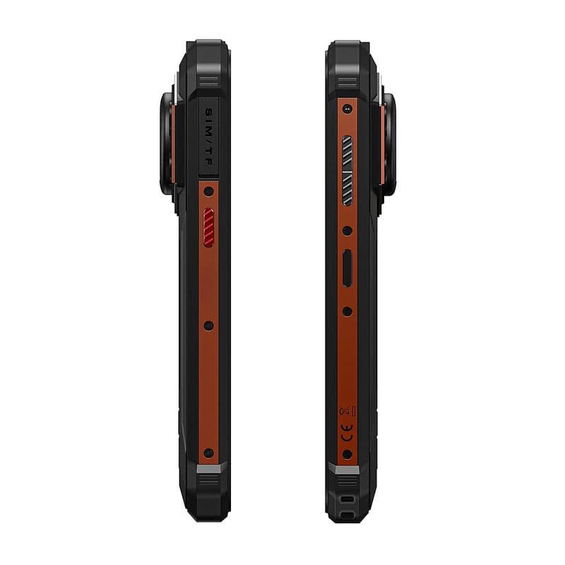 Fossibot F110 Pro 5G orange: tranches robustes noir/orange, slot SIM/TF, bouton rouge texturé, vis apparentes, module caméra proéminent, port et grille
