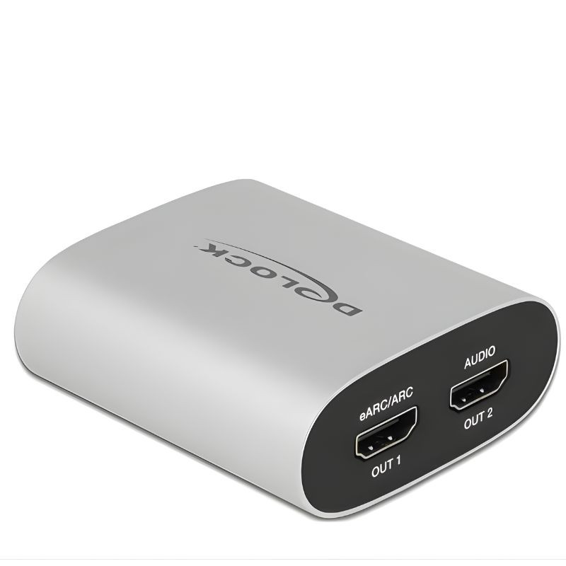 Extracteur audio HDMI Delock 63332, boîtier alu gris, port HDMI IN, interrupteur eARC EDID, LED PWR, marquage OUT2 OUT1, alimentation DC 5V, 4K 60 Hz - Ítem3