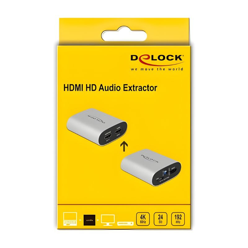 Extracteur audio HDMI Delock 63332, boîtier alu gris, port HDMI IN, interrupteur eARC EDID, LED PWR, marquage OUT2 OUT1, alimentation DC 5V, 4K 60 Hz - Ítem2