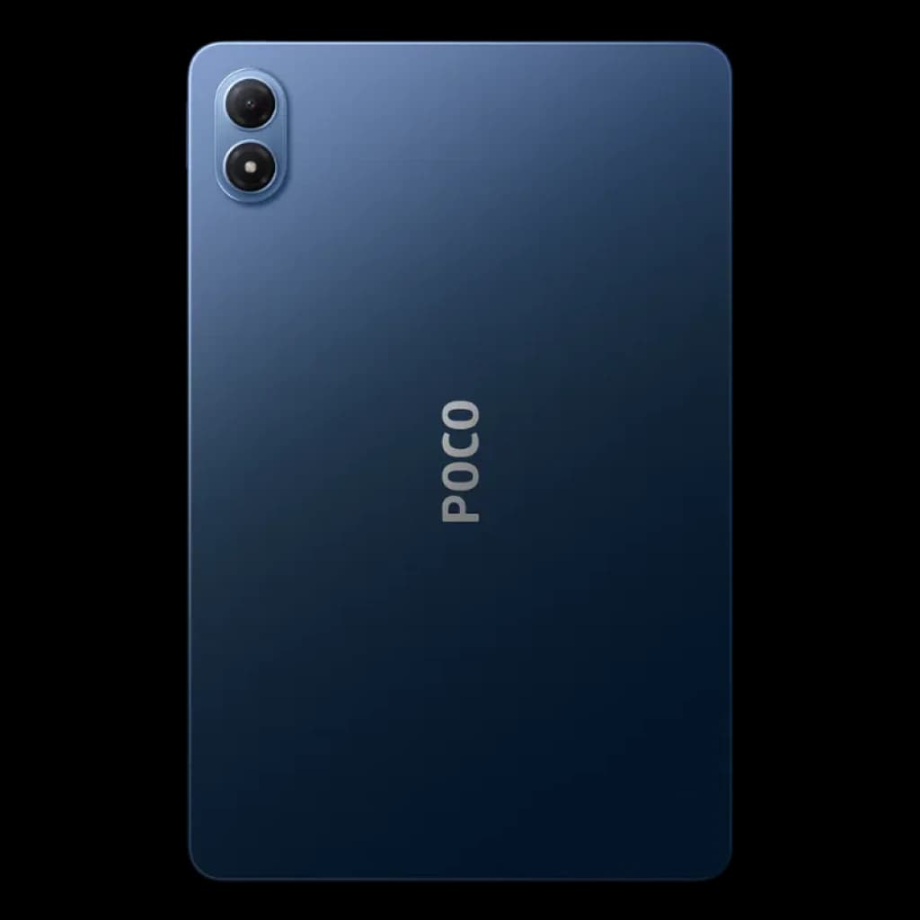 Xiaomi Poco Pad M1 Wifi 8Go 256Go Bleu avec dos en aluminium bleu foncé, logo POCO centré et double capteur photo vertical en haut à gauche