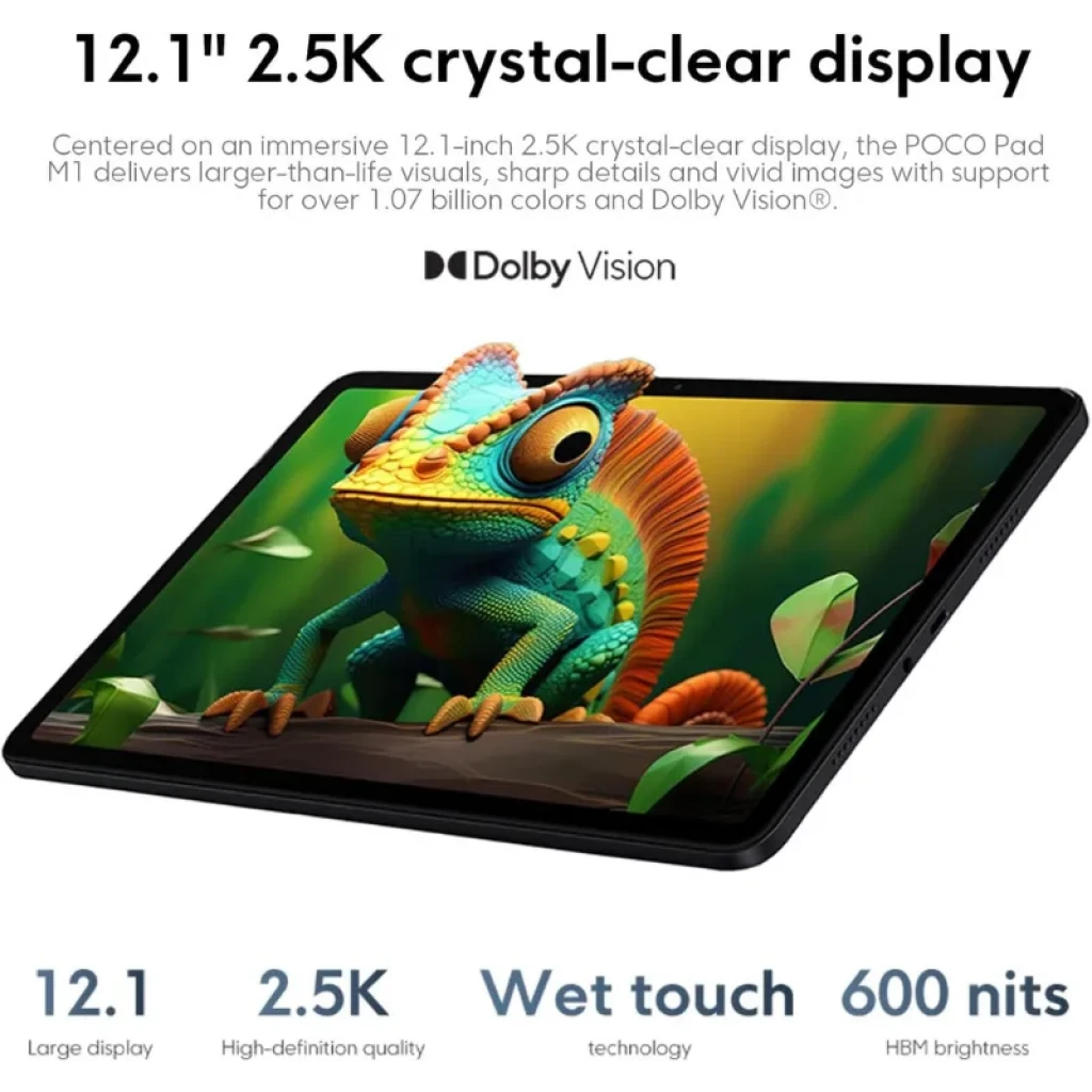 Xiaomi Poco Pad M1 Wifi azul com tela grande de bordas finas, câmera dupla traseira vertical e acabamento fosco; 8GB RAM e 256GB armazenamento. - Item5