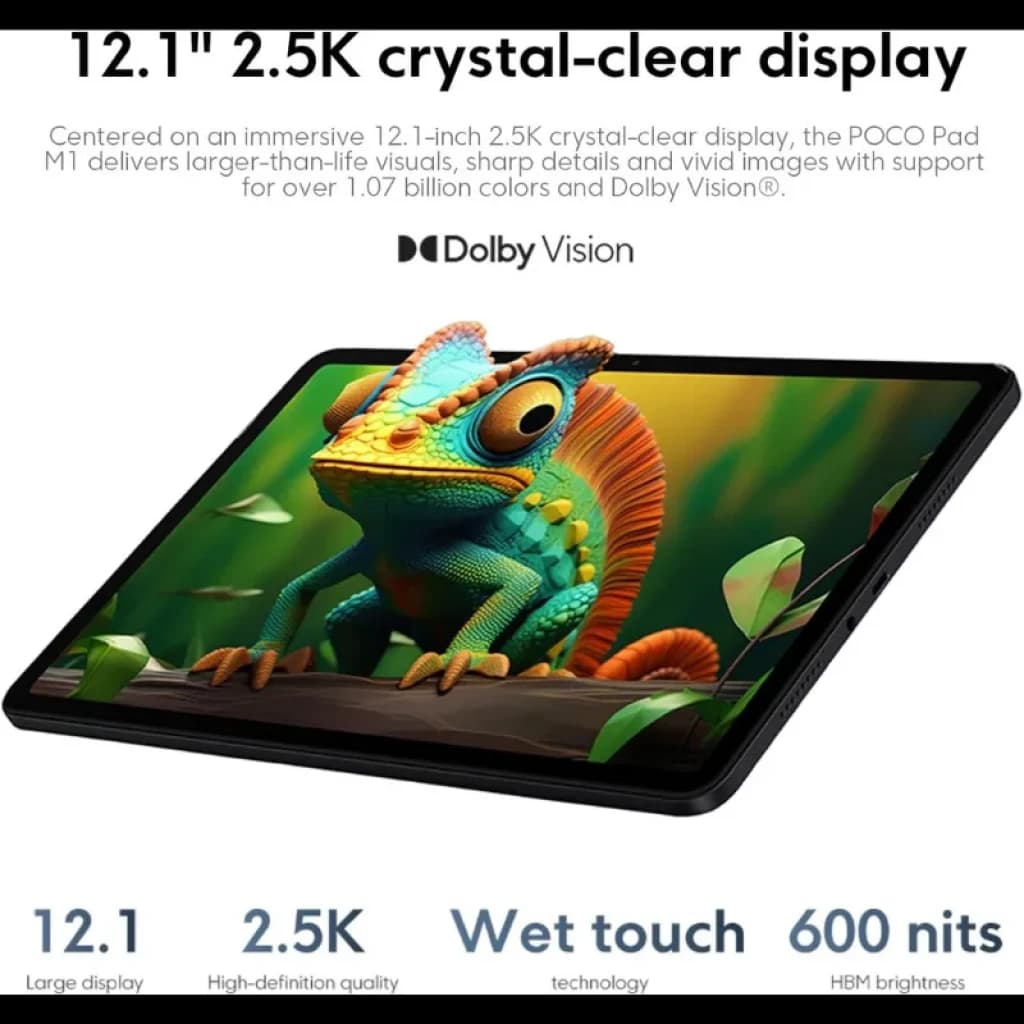 Tablette Xiaomi Poco Pad M1 Wifi bleue, écran 12,1 pouces 2,5K net, couleurs vives 1,07 Md, Dolby Vision, 600 nits, bords fins, design élégant