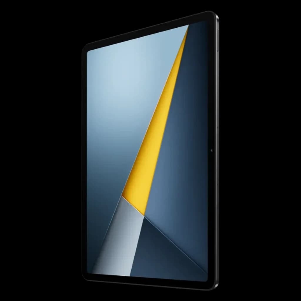 Xiaomi Poco Pad M1 Wifi 8Go 256Go Gris avec grand écran bord à bord, bords fins et design épuré, dalle lumineuse aux tons gris et accent jaune diagonal